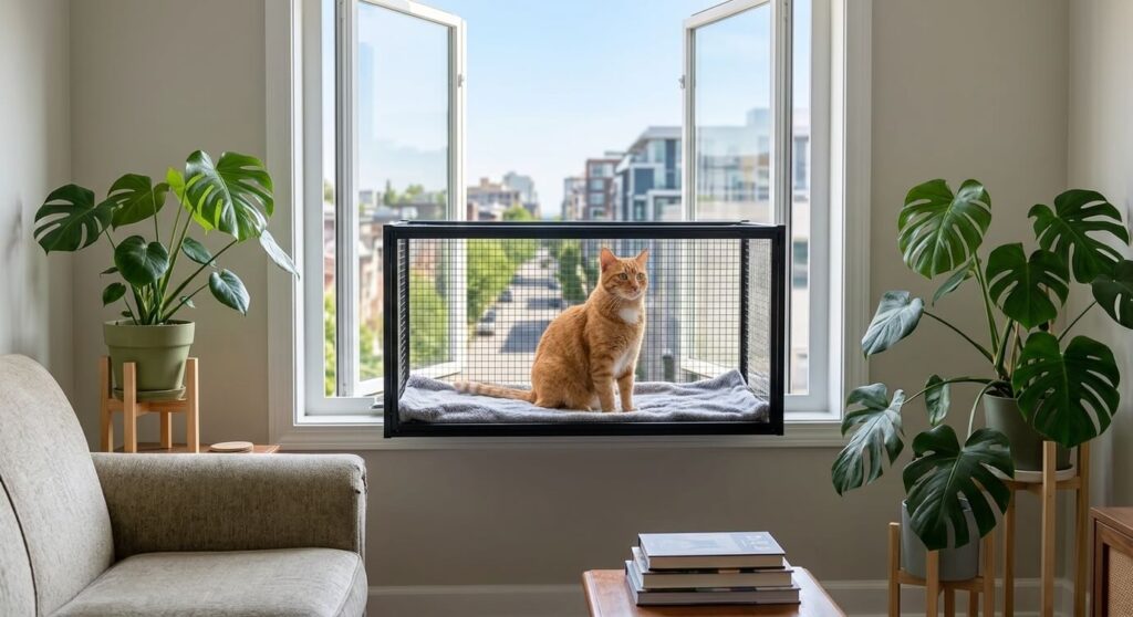 A secure window box enclosure representing one of the best catio ideas apartment owners can build without a balcony
