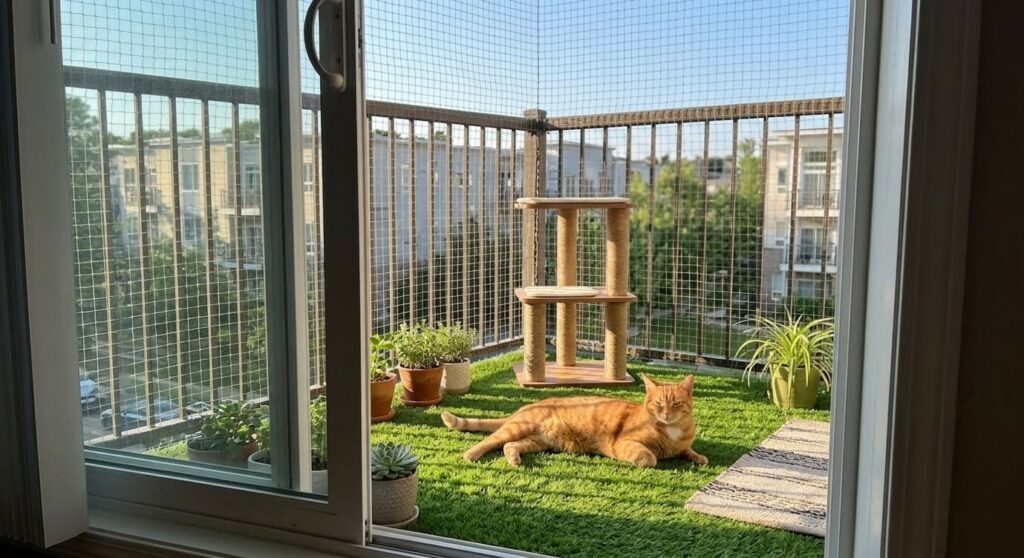 A small balcony transformed into a safe outdoor oasis with netting and faux grass to provide great catio ideas apartment cats love
