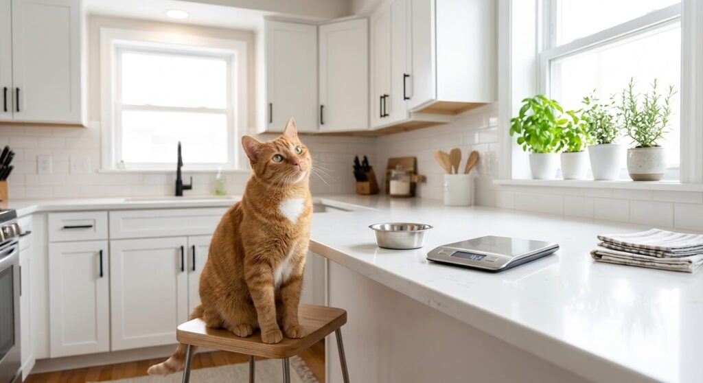 An orange tabby cat waiting for meal prep, highlighting the debate over a raw food diet indoor cat owners face