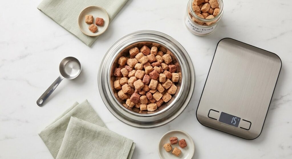 Safe commercial freeze-dried raw nuggets and a stainless steel bowl for a raw food diet indoor cat transition
