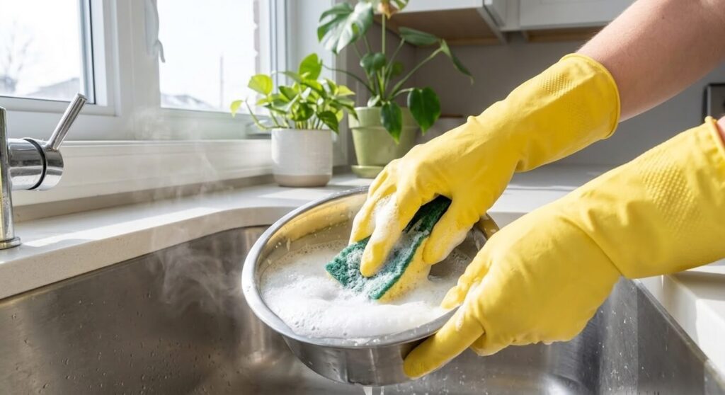 Washing stainless steel bowls with hot soapy water to prevent bacterial growth after feeding