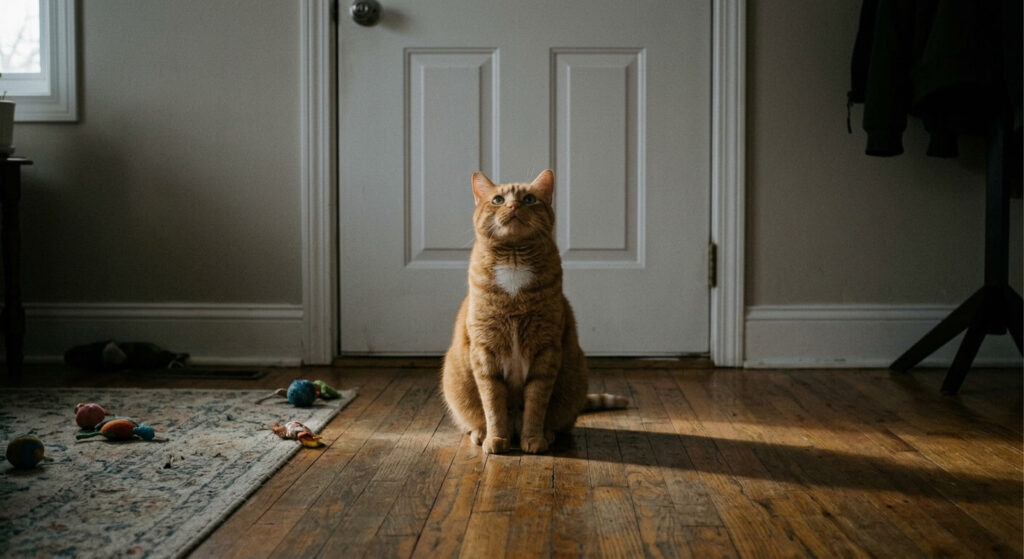 An orange tabby cat waiting sadly by the front door demonstrating classic signs of cat separation anxiety