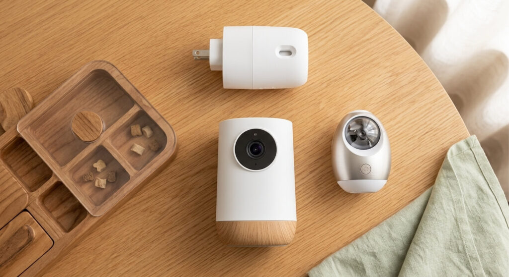 A collection of smart pet cameras, pheromone diffusers, and puzzle toys to treat cat separation anxiety