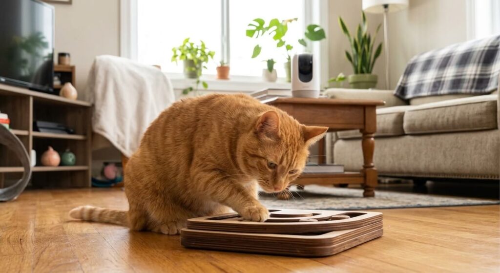 A collection of smart pet cameras, pheromone diffusers, and puzzle toys to treat cat separation anxiety