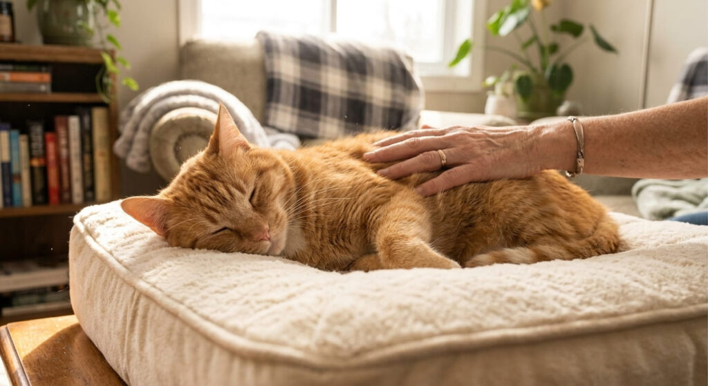 An older orange tabby cat resting comfortably on an orthopedic bed highlighting essential senior indoor cat care