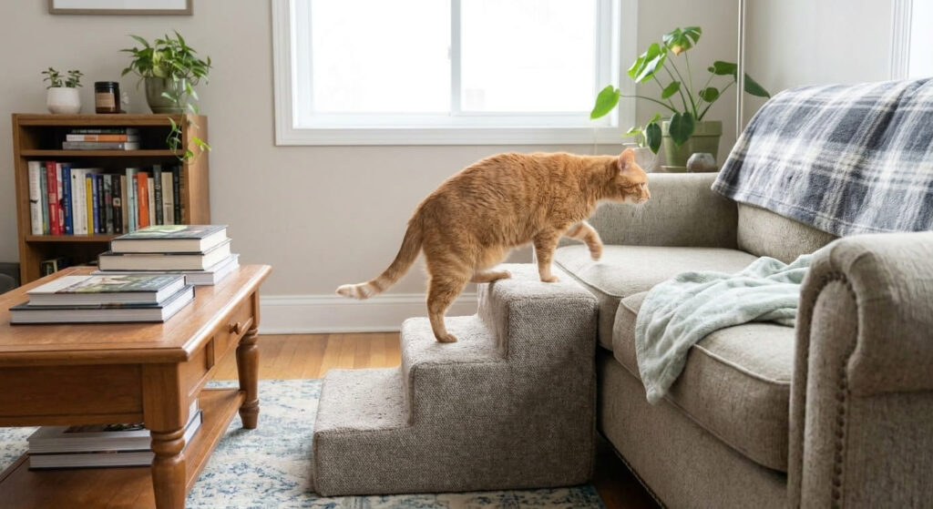Using pet stairs for couch access is a vital part of proper mobility management and senior indoor cat care
