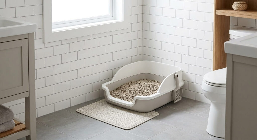 A low-entry litter box setup designed to help older cats with arthritis as part of senior indoor cat care
