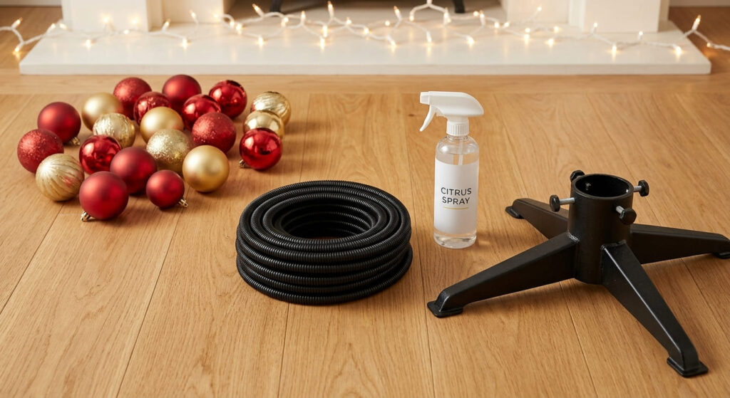 Essential supplies including shatterproof ornaments to successfully cat proof christmas tree decorations