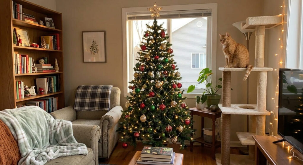 A securely anchored holiday setup demonstrating how to cat proof christmas tree layouts safely