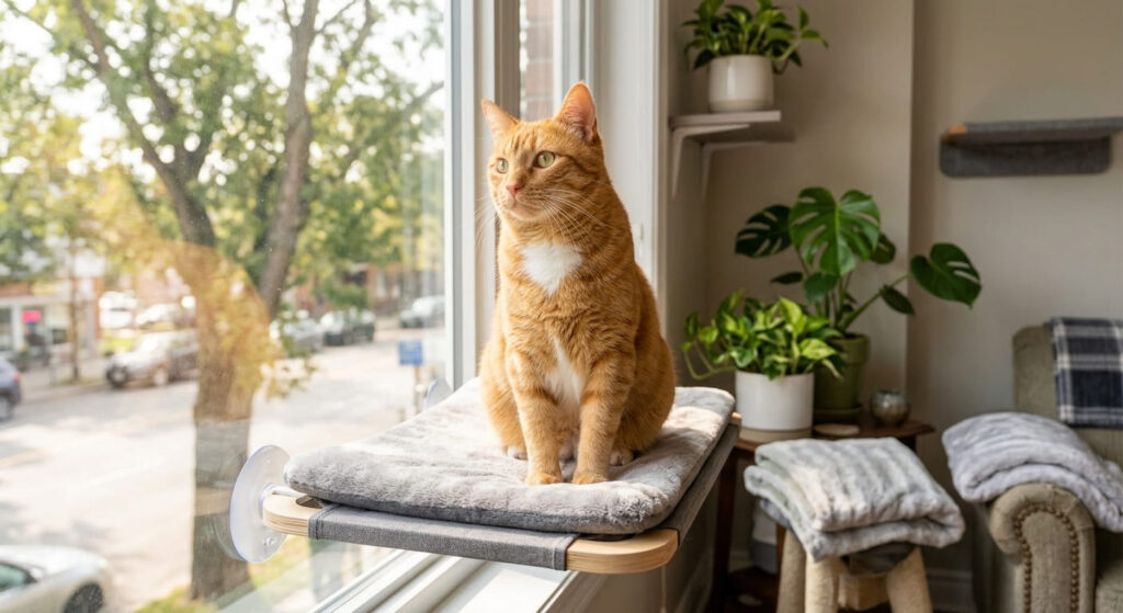 An orange tabby cat enjoying a window perch as part of a complete indoor cat enrichment checklist