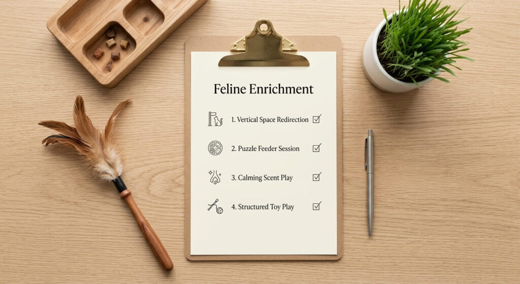 A printed indoor cat enrichment checklist surrounded by puzzle feeders and wand toys