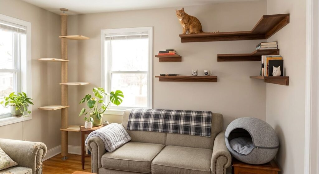 A stylish apartment perfectly designed following an ultimate indoor cat enrichment checklist