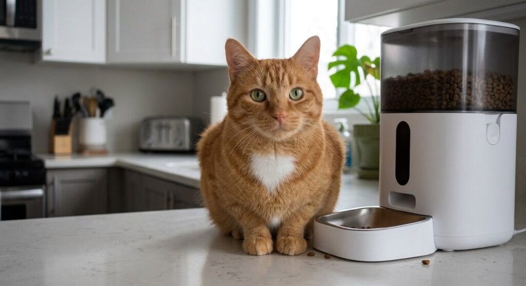 Oliver the orange tabby waiting for the best automatic cat feeders for indoor cats to dispense breakfast