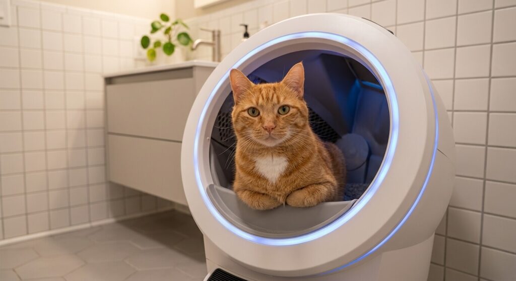 Safety sensors on automatic litter boxes for indoor cat protection.