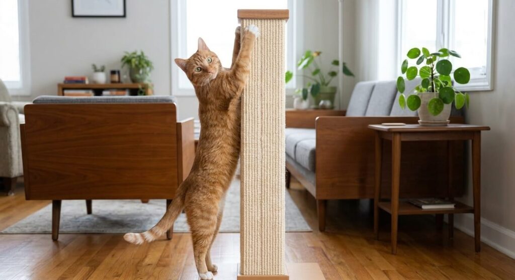 Oliver the orange tabby demonstrating full vertical stretch on the best tall scratching posts for large cats