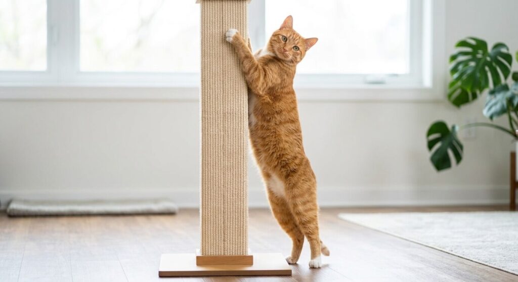 Testing the non-wobble base stability of a heavy duty cat scratching post