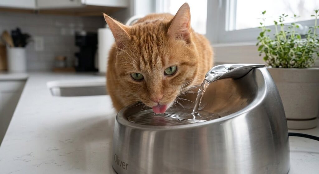 Healthy orange tabby cat drinking from the best cat water fountains stainless steel vs ceramic to prevent acne