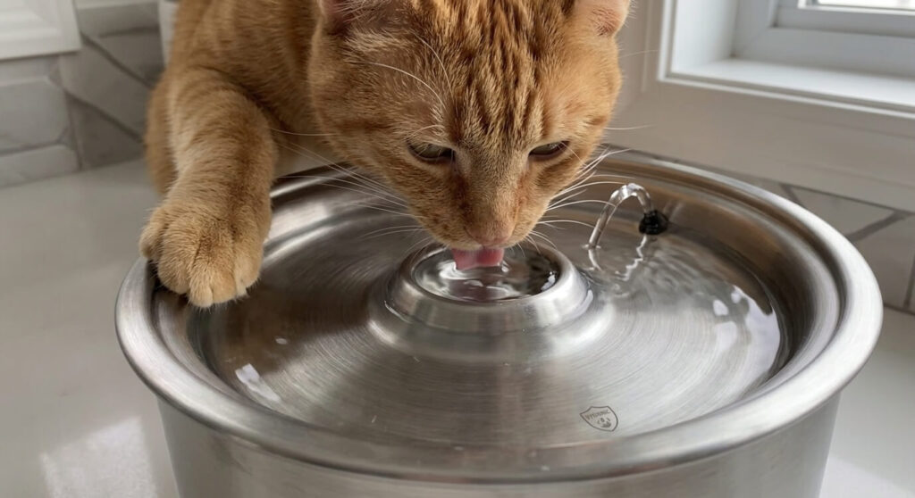 Detailed view of stainless steel vs ceramic water fountain materials for cat hydration safety