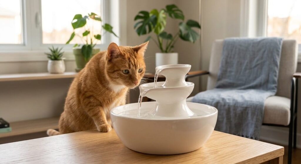 Elegant ceramic cat water fountain in a modern apartment setting for noise reduction and stability
