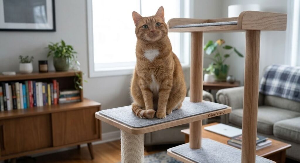 Oliver the orange tabby on the best cat trees for small apartments with minimalist wood design