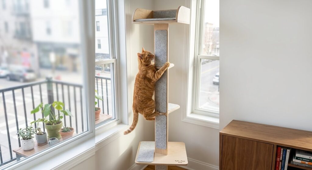 Modern plywood cat tower for small apartments matching minimalist interior decor