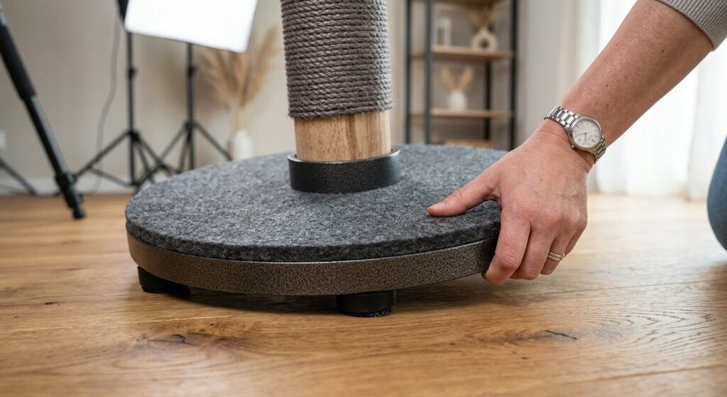 Sturdy weighted base of the best cat trees for small apartments to prevent tipping.