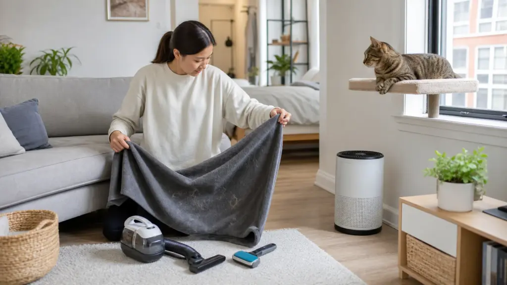 Small apartment cat hair control with washable covers and filtration