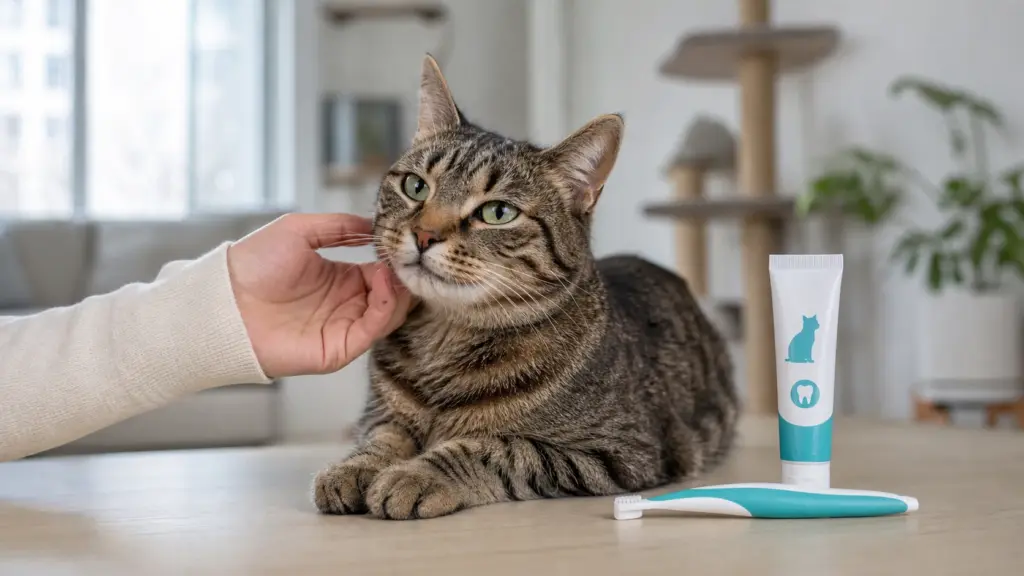 Cat dental care at home with a feline toothbrush and pet toothpaste
