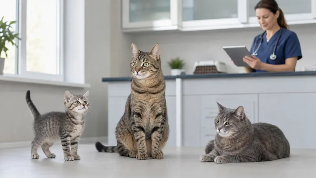 Veterinary visit schedules for a kitten, adult cat, and senior cat