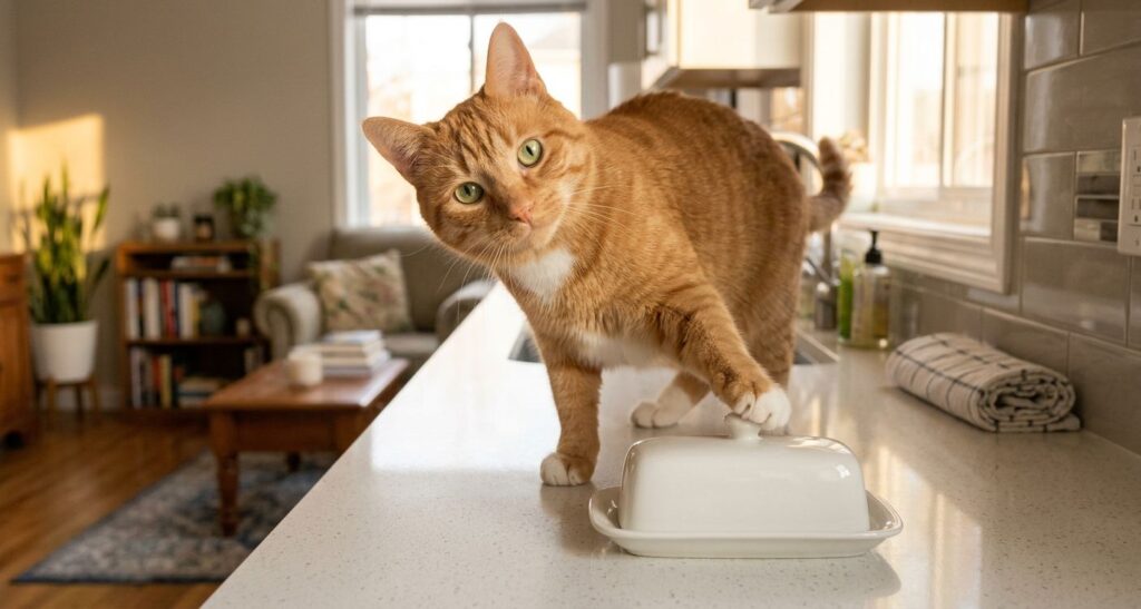 Orange cat staring up at a kitchen counter, highlighting the behavioral challenge of how to keep cat off kitchen counters