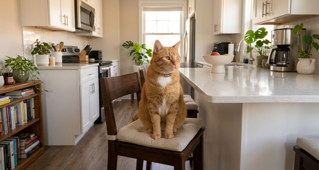 Training an indoor cat to sit on a designated barstool as an alternative to jumping on kitchen counters

