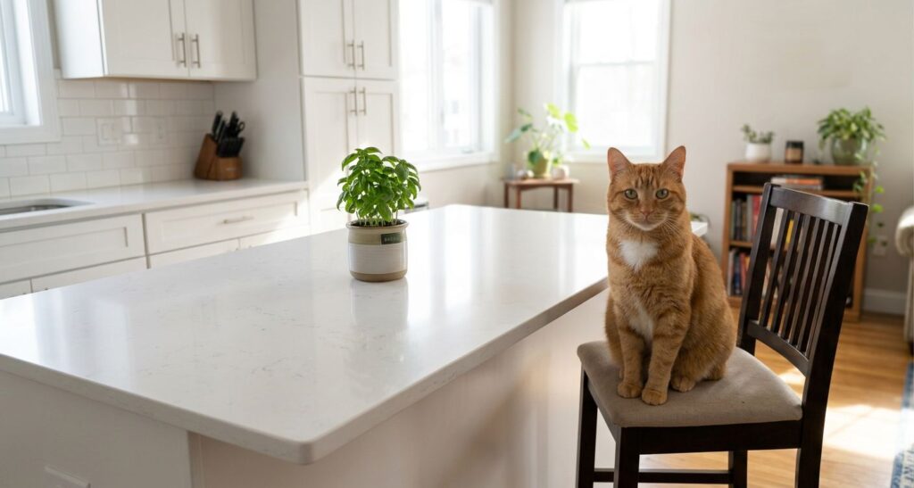 Wiping down kitchen surfaces to remove food odors and keep an indoor cat off the counters
