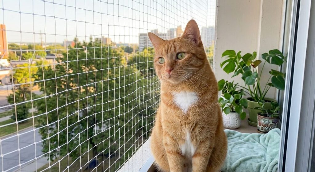 Orange cat looking out at an apartment balcony, highlighting the need of how to cat proof apartment balcony spaces
