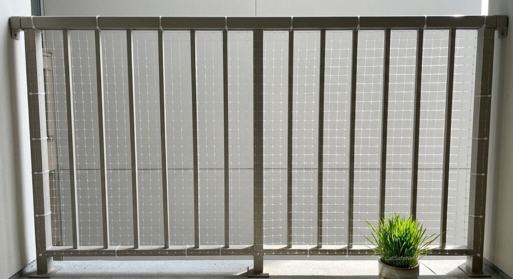 Using renter-friendly transparent netting and tension rods to cat proof an apartment balcony