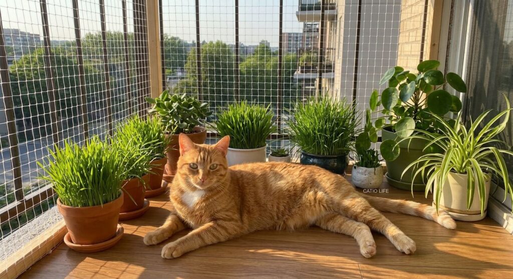 Adding safe cat grass to a fully enclosed apartment balcony to create a sensory catio experience
