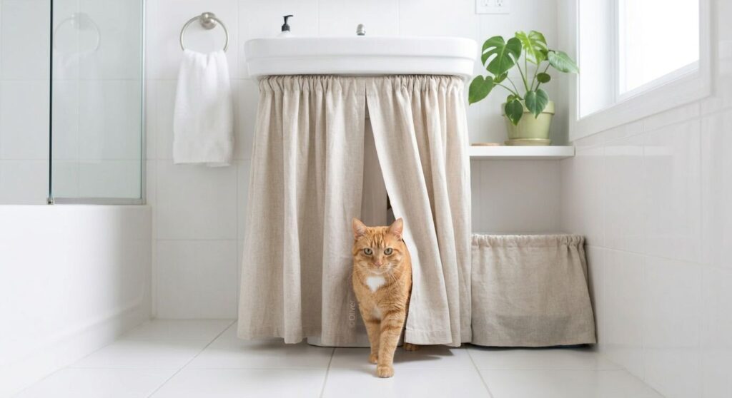 Using stylish wooden enclosure furniture to demonstrate how to hide a litter box in a small apartment
