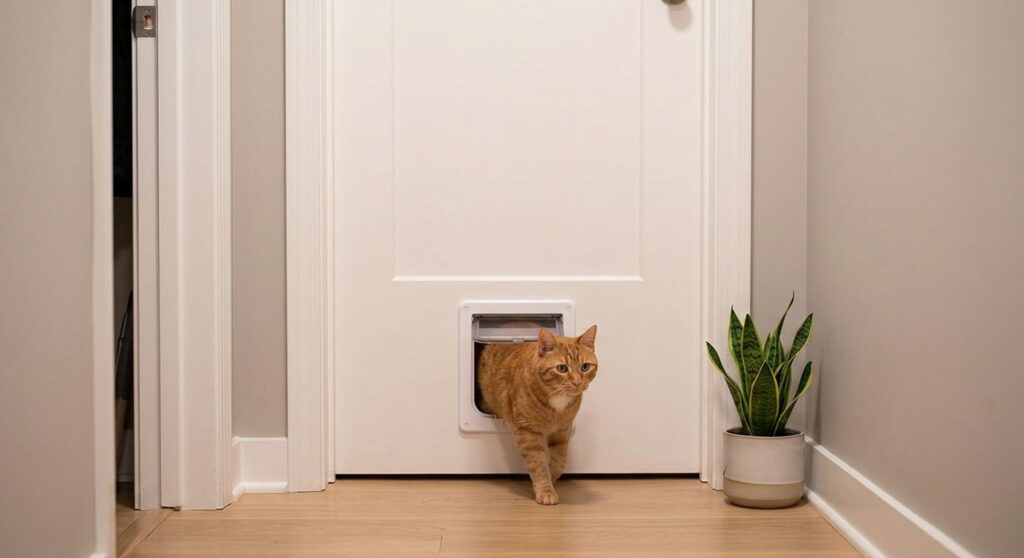 Hiding a cat litter box under a bathroom pedestal sink using a simple fabric curtain