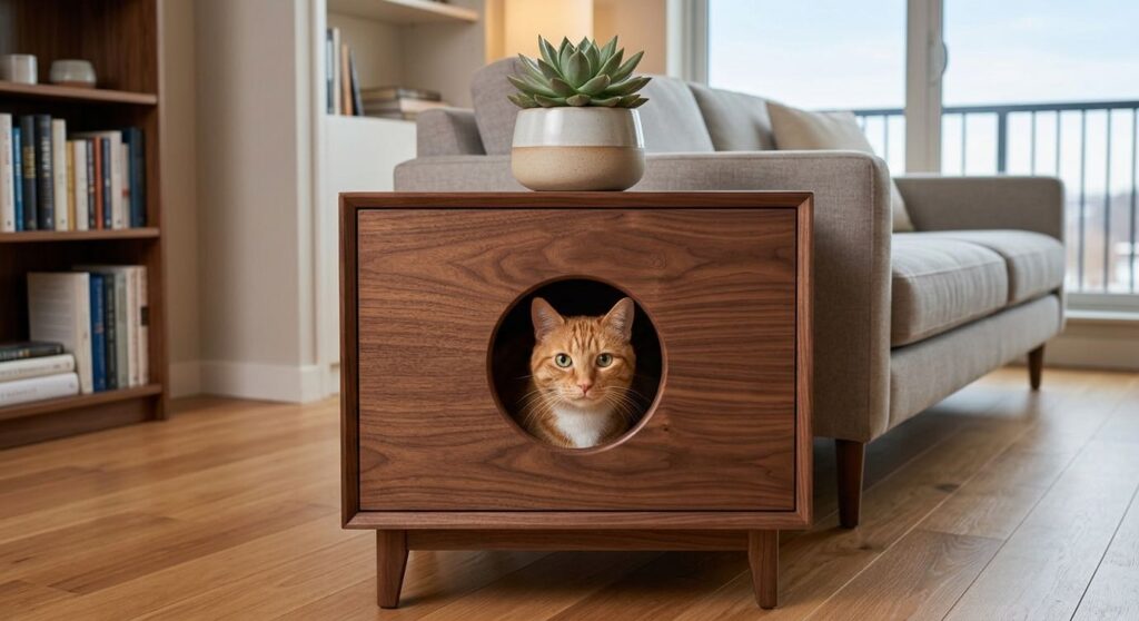 Using stylish wooden enclosure furniture to demonstrate how to hide a litter box in a small apartment