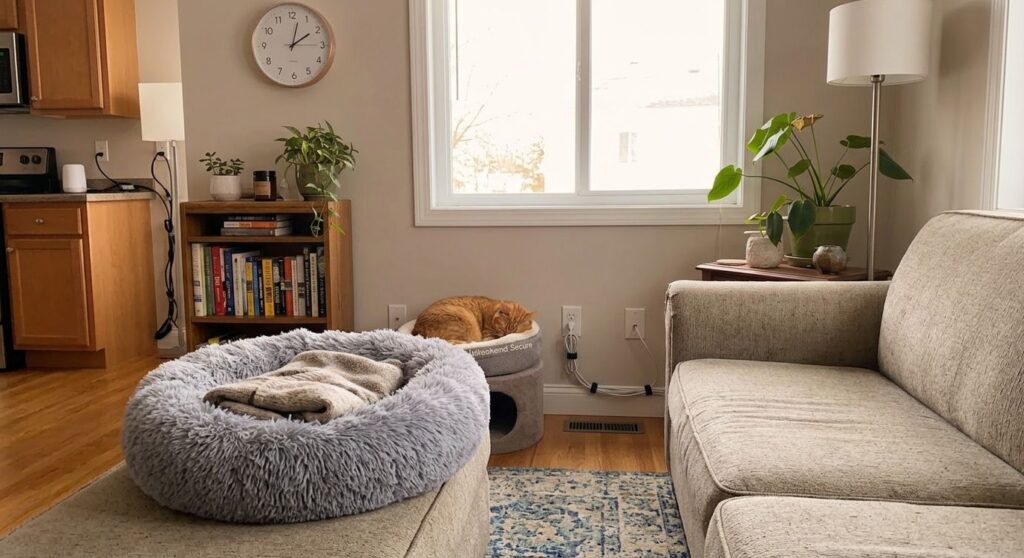 Cat-proofing an apartment and unplugging hazards before leaving an indoor cat alone for 48 hours