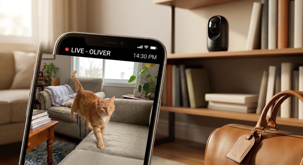 Using a smart pet camera to check on an indoor cat, illustrating how to leave a cat alone for the weekend safely