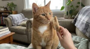 Brushing an orange tabby cat to show how to control cat hair in a small apartment