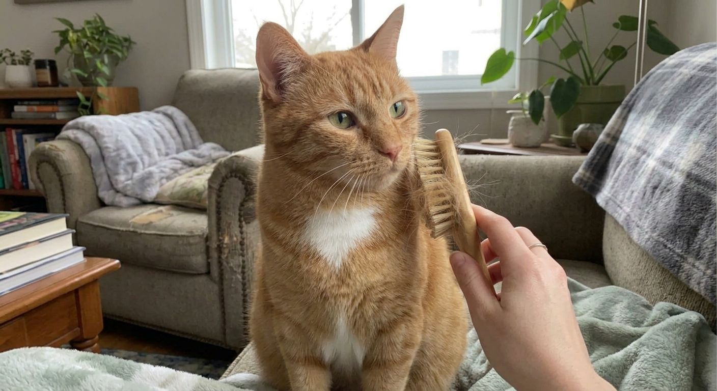 Brushing an orange tabby cat to show how to control cat hair in a small apartment