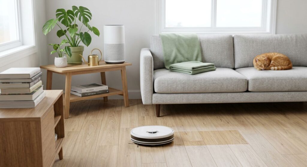Using a robot vacuum cleaner and HEPA air purifier to clean cat hair from apartment floors