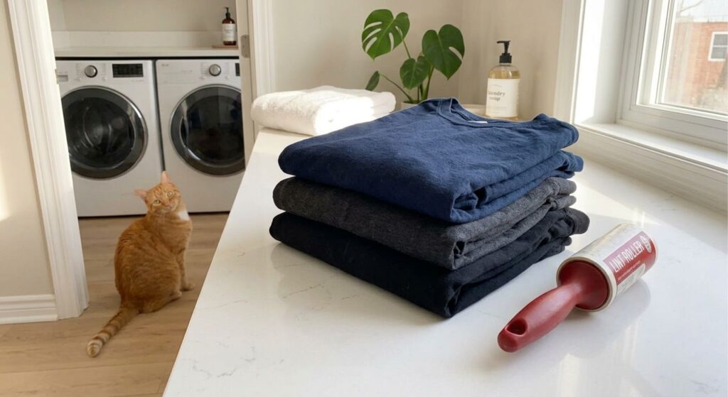 Removing cat hair from laundry and dark fabrics using a lint roller