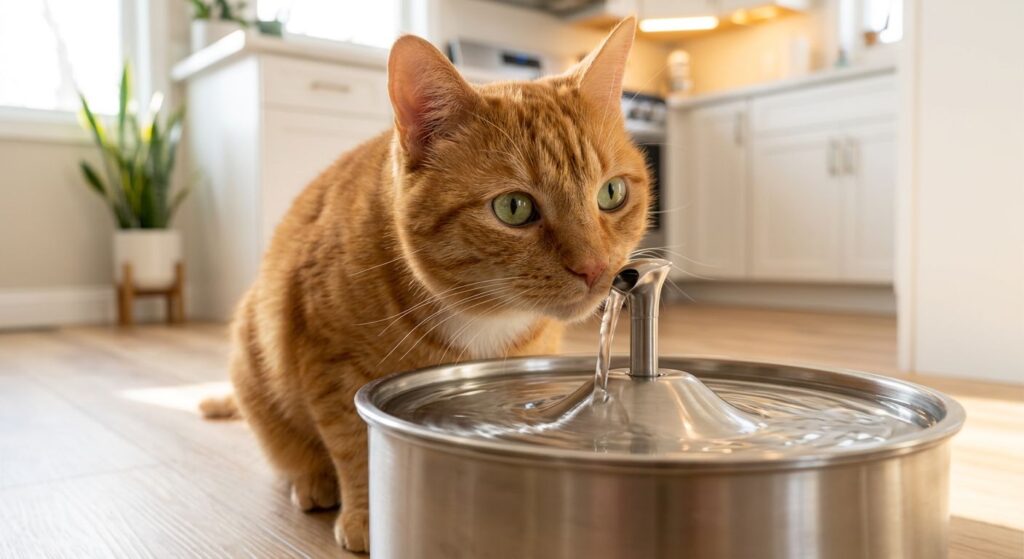 Orange cat ignoring a still water bowl, highlighting the challenge of how to get an indoor cat to drink more water