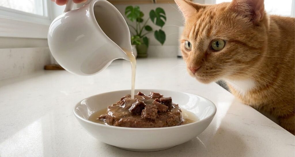 Adding extra warm water to wet cat food to increase a cat's daily hydration and prevent urinary issues