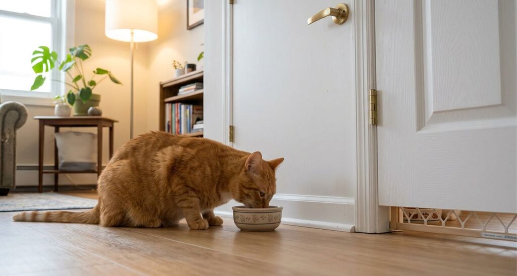 Feeding cats on opposite sides of a door to successfully introduce a second cat in a small apartment