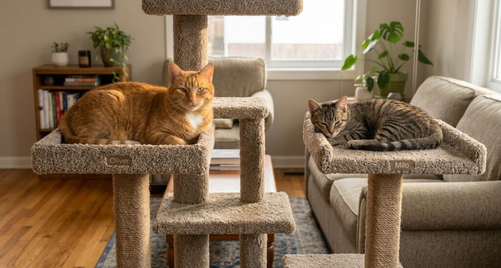 Two cats sharing a small apartment peacefully by utilizing tall cat trees and vertical space