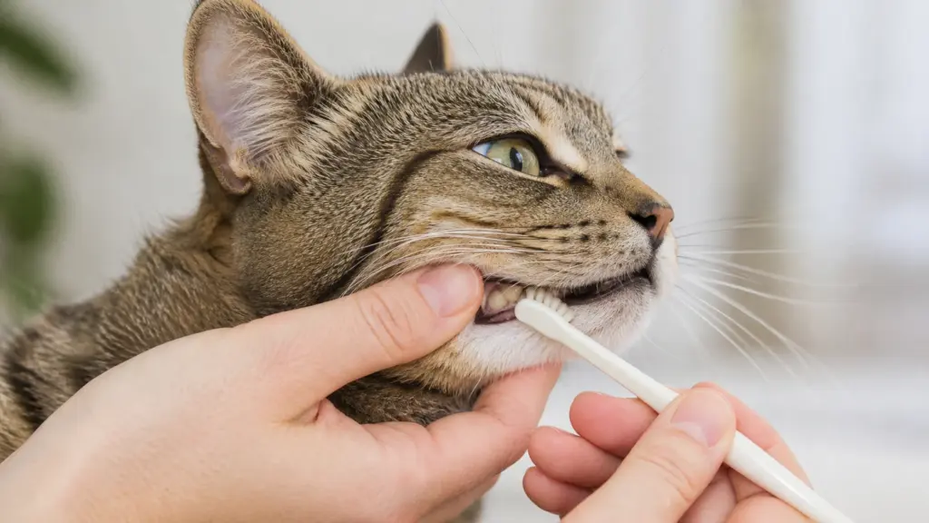 Gentle brushing of a cat's outer teeth with a feline toothbrush
