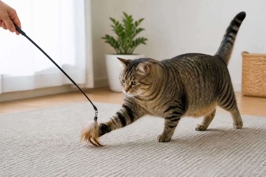 Gentle floor-level play for an overweight indoor cat following a veterinary weight plan